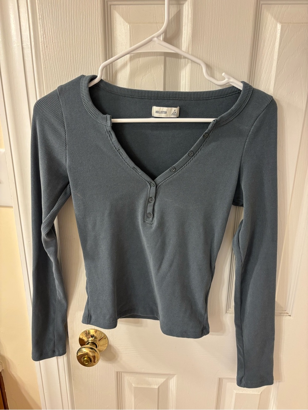 Hollister Long Sleeve Ribbed Henley Top - Slate Blue Gray